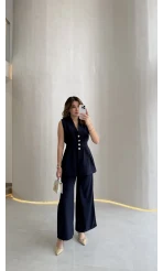 Alira Gold Düğmeli Bel Pile Detaylı Yelek Takım - Lacivert - Kod: 8011