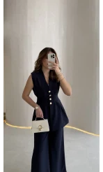 Alira Gold Düğmeli Bel Pile Detaylı Yelek Takım - Lacivert - Kod: 8011