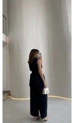 Alira Gold Düğmeli Bel Pile Detaylı Yelek Takım - Lacivert - Kod: 8011