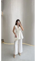 Alira Gold Düğmeli Bel Pile Detaylı Yelek Takım - Ekru - Kod: 8011