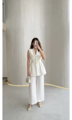 Alira Gold Düğmeli Bel Pile Detaylı Yelek Takım - Ekru - Kod: 8011