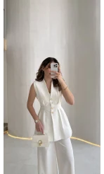 Alira Gold Düğmeli Bel Pile Detaylı Yelek Takım - Ekru - Kod: 8011