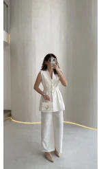 Alira Gold Düğmeli Bel Pile Detaylı Yelek Takım - Ekru - Kod: 8011