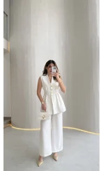 Alira Gold Düğmeli Bel Pile Detaylı Yelek Takım - Ekru - Kod: 8011