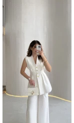 Alira Gold Düğmeli Bel Pile Detaylı Yelek Takım - Ekru - Kod: 8011