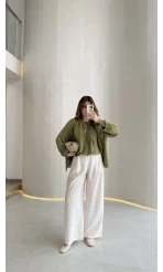 Menessa Bol Paça Beli Lastikli Transparan Pantolon - Ekru - Kod: 3720