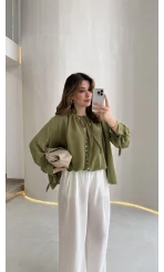 Georgia Bağlama Detaylı Dökümlü Gömlek - Haki - Kod: 4988