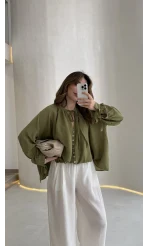 Georgia Bağlama Detaylı Dökümlü Gömlek - Haki - Kod: 4988