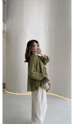 Georgia Bağlama Detaylı Dökümlü Gömlek - Haki - Kod: 4988