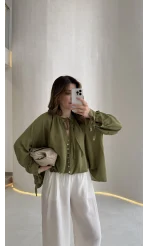 Georgia Bağlama Detaylı Dökümlü Gömlek - Haki - Kod: 4988