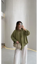 Georgia Bağlama Detaylı Dökümlü Gömlek - Haki - Kod: 4988