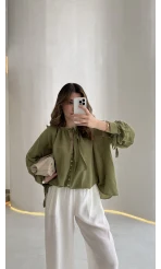 Georgia Bağlama Detaylı Dökümlü Gömlek - Haki - Kod: 4988