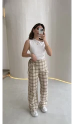 Cıelle Ekose Desenli Fular Bağlamalı Pantolon - Haki - Kod: 3921