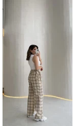 Cıelle Ekose Desenli Fular Bağlamalı Pantolon - Haki - Kod: 3921