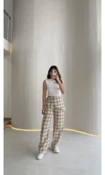 Cıelle Ekose Desenli Fular Bağlamalı Pantolon - Haki - Kod: 3921
