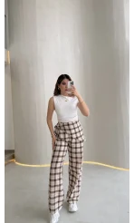 Cıelle Ekose Desenli Fular Bağlamalı Pantolon - Kahve - Kod: 3921