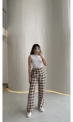 Cıelle Ekose Desenli Fular Bağlamalı Pantolon - Kahve - Kod: 3921