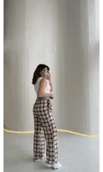 Cıelle Ekose Desenli Fular Bağlamalı Pantolon - Kahve - Kod: 3921