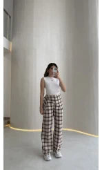 Cıelle Ekose Desenli Fular Bağlamalı Pantolon - Kahve - Kod: 3921