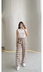 Cıelle Ekose Desenli Fular Bağlamalı Pantolon - Kahve - Kod: 3921