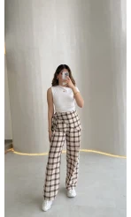 Cıelle Ekose Desenli Fular Bağlamalı Pantolon - Kahve - Kod: 3921