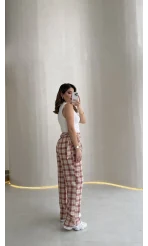 Cıelle Ekose Desenli Fular Bağlamalı Pantolon - Kiremit - Kod: 3921