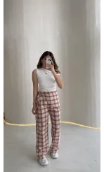 Cıelle Ekose Desenli Fular Bağlamalı Pantolon - Kiremit - Kod: 3921