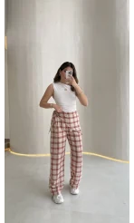 Cıelle Ekose Desenli Fular Bağlamalı Pantolon - Kiremit - Kod: 3921