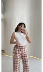 Cıelle Ekose Desenli Fular Bağlamalı Pantolon - Kiremit - Kod: 3921