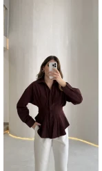 Adira V Yaka Beli Pileli Gömlek - Bordo - Kod: 126