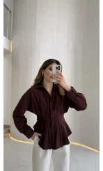 Adira V Yaka Beli Pileli Gömlek - Bordo - Kod: 126