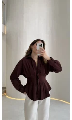 Adira V Yaka Beli Pileli Gömlek - Bordo - Kod: 126