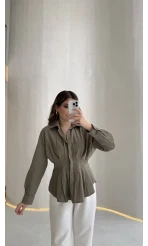 Adira V Yaka Beli Pileli Gömlek - Haki - Kod: 126