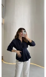 Adira V Yaka Beli Pileli Gömlek - Lacivert - Kod: 126