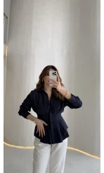 Adira V Yaka Beli Pileli Gömlek - Lacivert - Kod: 126