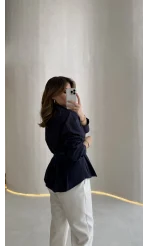 Adira V Yaka Beli Pileli Gömlek - Lacivert - Kod: 126