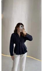 Adira V Yaka Beli Pileli Gömlek - Lacivert - Kod: 126