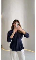 Adira V Yaka Beli Pileli Gömlek - Lacivert - Kod: 126