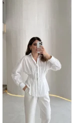 Adira V Yaka Beli Pileli Gömlek - Beyaz - Kod: 126