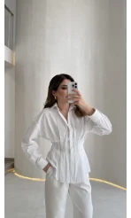 Adira V Yaka Beli Pileli Gömlek - Beyaz - Kod: 126