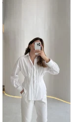 Adira V Yaka Beli Pileli Gömlek - Beyaz - Kod: 126