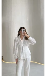 Adira V Yaka Beli Pileli Gömlek - Beyaz - Kod: 126