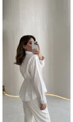 Adira V Yaka Beli Pileli Gömlek - Beyaz - Kod: 126