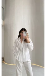 Adira V Yaka Beli Pileli Gömlek - Beyaz - Kod: 126