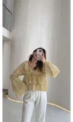 Liry Fırfırlı V Yaka Transparan Bluz - Yeşil - Kod: 1060