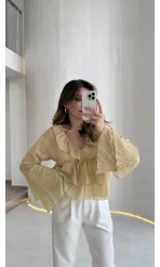 Liry Fırfırlı V Yaka Transparan Bluz - Yeşil - Kod: 1060