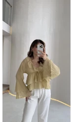 Liry Fırfırlı V Yaka Transparan Bluz - Yeşil - Kod: 1060