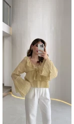 Liry Fırfırlı V Yaka Transparan Bluz - Yeşil - Kod: 1060