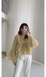 Liry Fırfırlı V Yaka Transparan Bluz - Yeşil - Kod: 1060