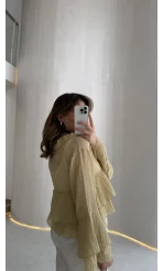 Liry Fırfırlı V Yaka Transparan Bluz - Yeşil - Kod: 1060